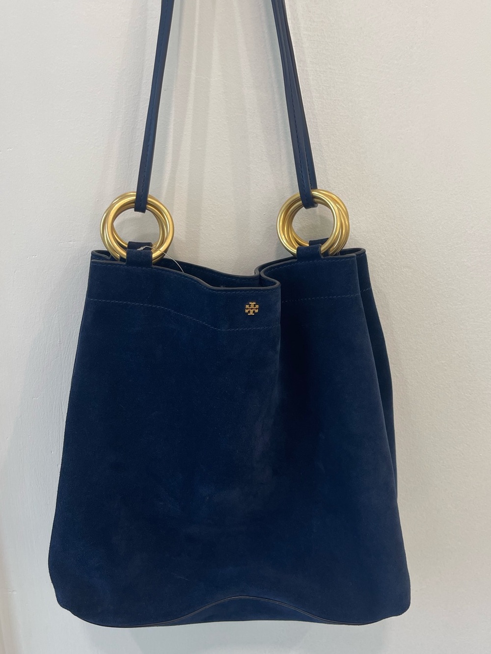 Tory Burch Navy Suede Shoulder Tote with Gold Ring Handles